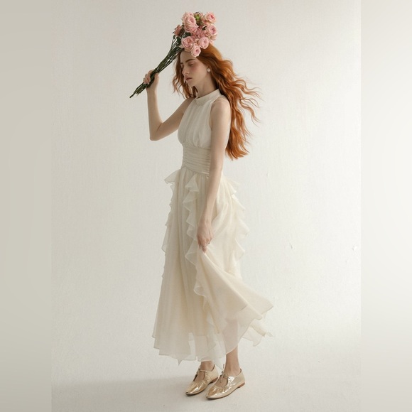 SINCETHEN Timeless Sleeveless Cream Ruffled Tiered Maxi Midi Dress S XS Bridal - Picture 2 of 16
